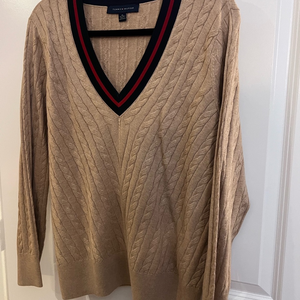 Tommy Hilfiger Beige Cable Knit V-Neck Sweater